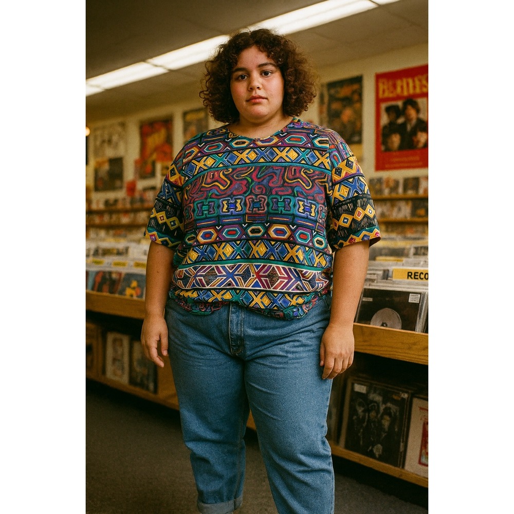 Vintage 90s Geometric‎ Tribal Print T-Shirt Bold Colorful Graphic Tee 1X